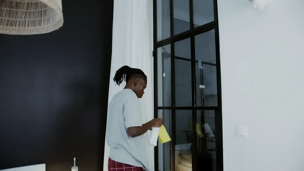 A cleaner wiping interior glass panels