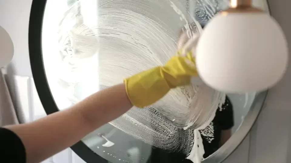 A cleaner polishing a washroom mirror