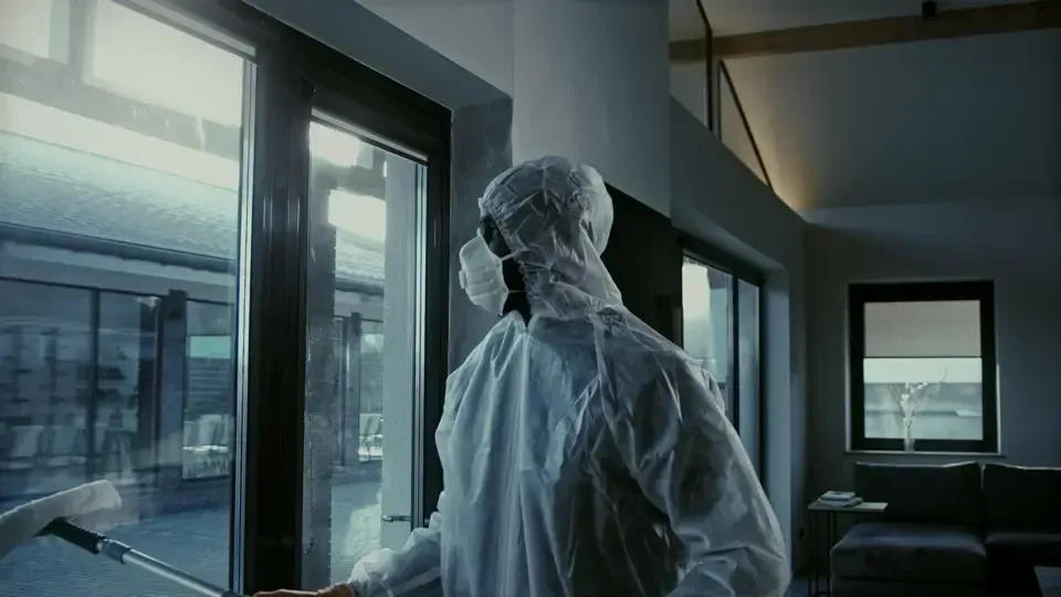 A cleaner in gloves and a mask disinfecting glass