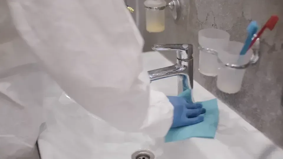 A freshly cleaned commercial restroom sink