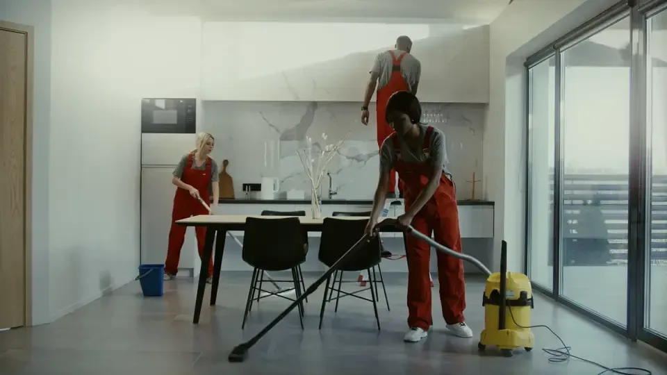 Workers in overalls cleaning a large open floor
